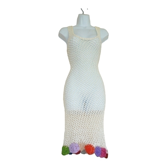 Vintage Cream Rainbow Crochet Boho Summer Dress Small - Picture 6 of 7